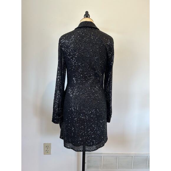 Parker sequin black mini cocktail dress size 0 collar long sheer sleeve tie fron - Picture 3 of 12